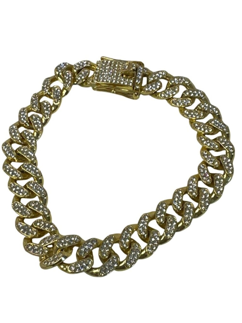 Gold-Tone Chain Bracelet Cuban Link Rhinestone Secure Clasp Approx. 8" Sparkly